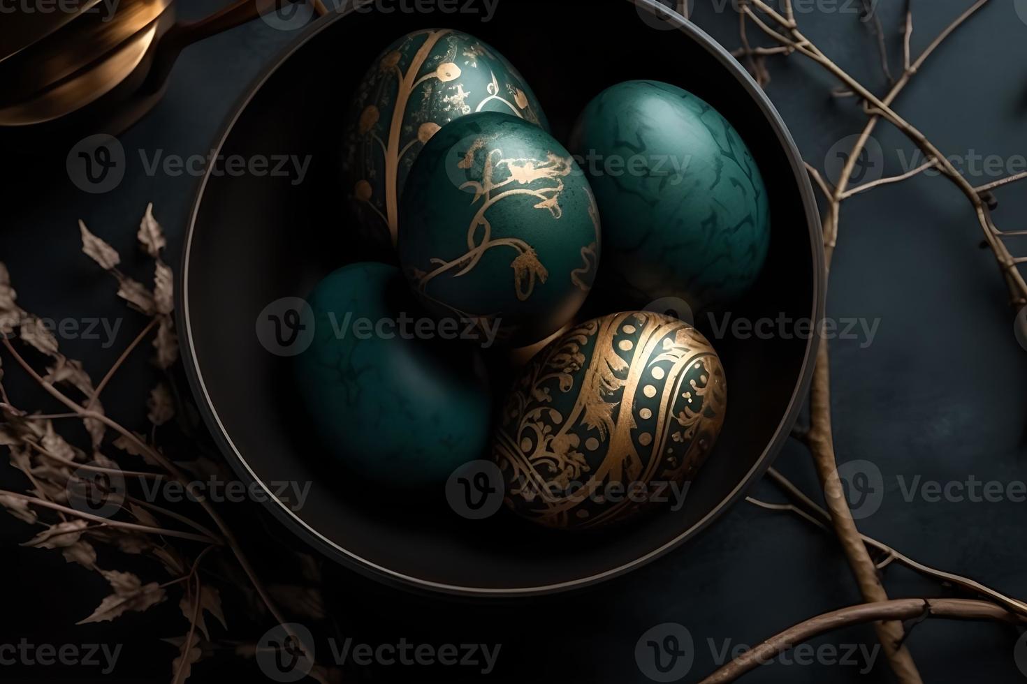 Gold and dark green decorated easter eggs painted by hand on a dark background, Easter, stylish minimal composition, flat lay photo
