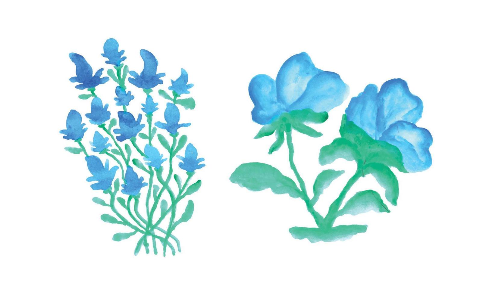 A watercolor painting of blue flowers and green leaves. Set of blue flowers on a white background vector