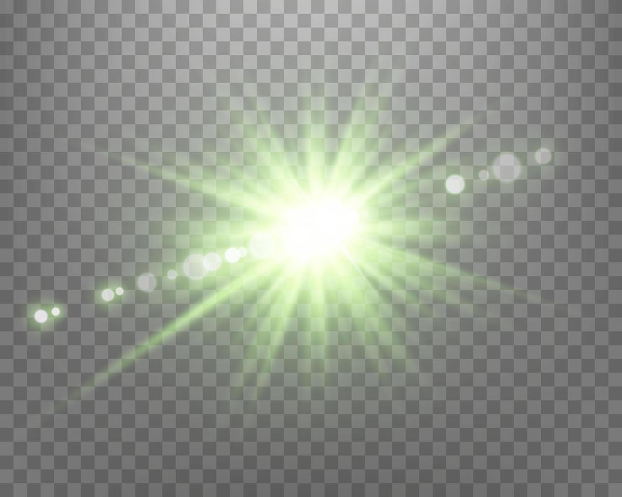 Green sunlight lens flare, sun flash with rays and spotlight. Vector illustration.