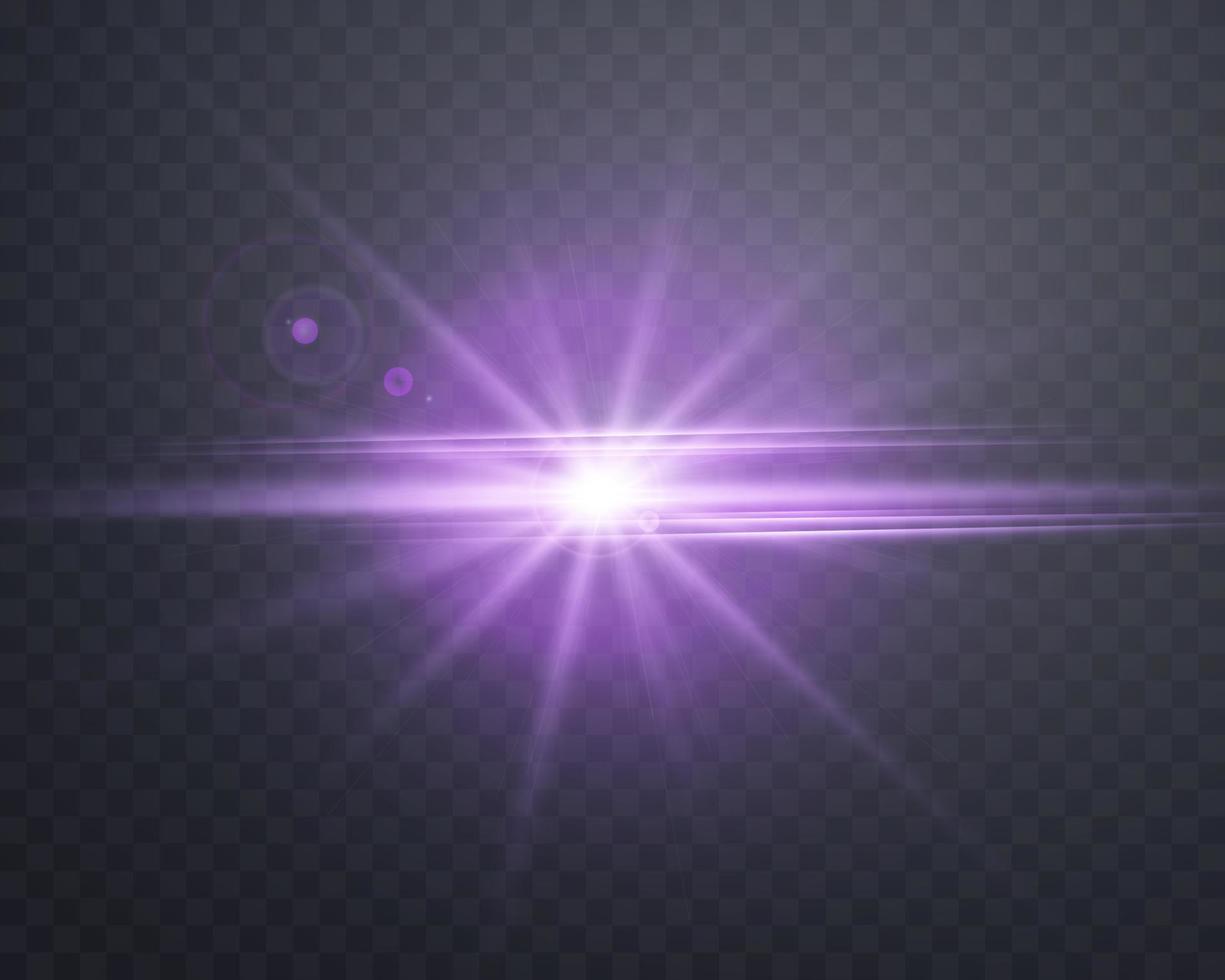 Purple sunlight lens flare, sun flash with rays and spotlight. vector