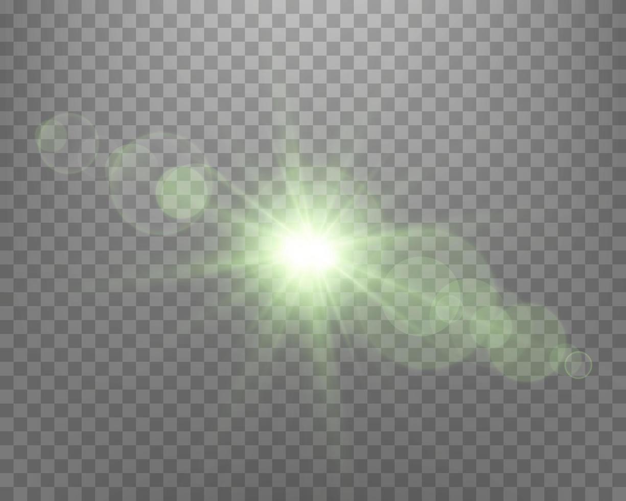 Green sunlight lens flare, sun flash with rays and spotlight. Vector illustration.