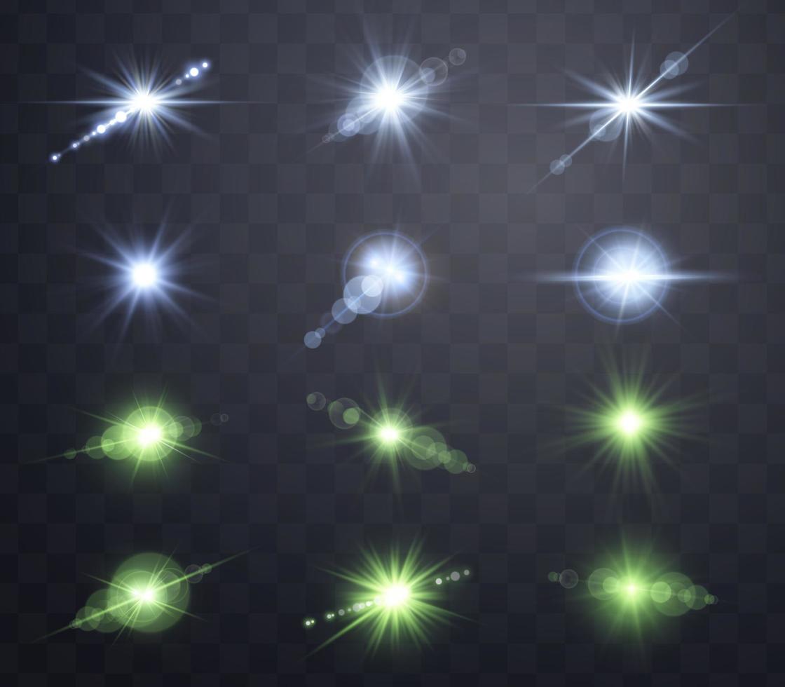 Green and blue lens flares set. Sun flash with rays or spotlight and bokeh. Glow flare light effect. Vector illustration.