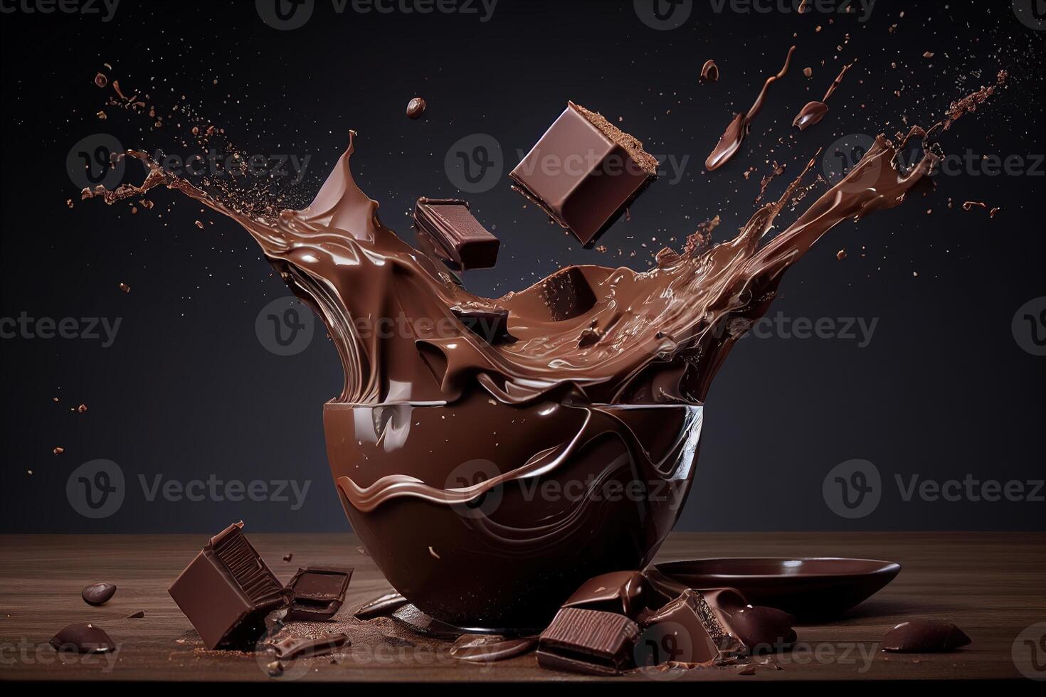 Dark Chocolate splashing with chocolate pieces on a wooden table and dark background. photo
