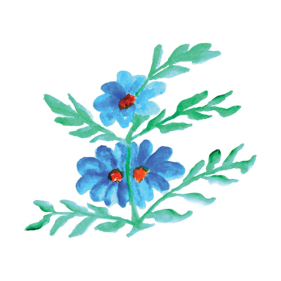 A watercolor painting of blue flowers with green leaves on a white background. watercolor flowers design vector