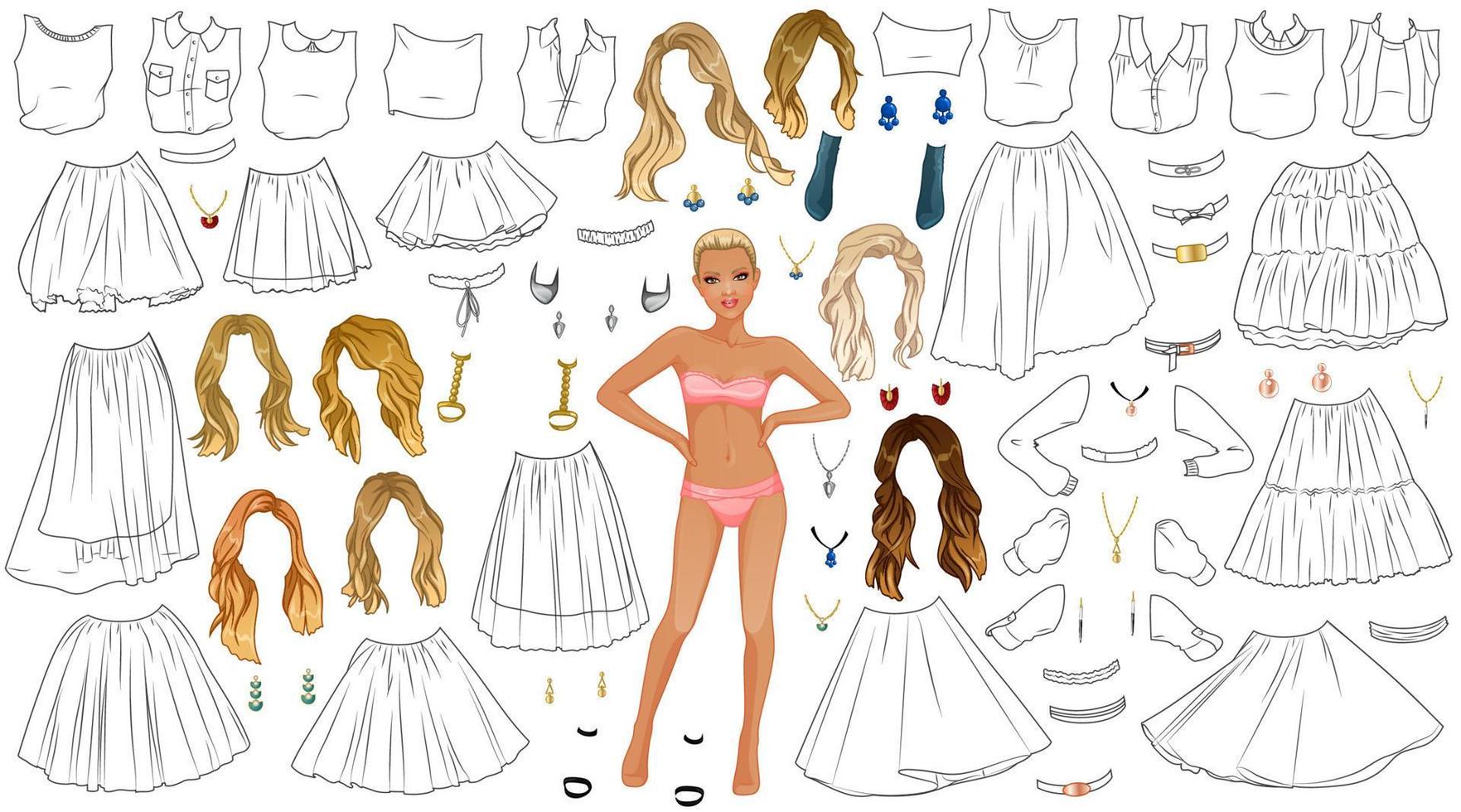 Tutu Skirt Coloring Page Paper Doll with Clothes, Hairstyles, Shoes and Accessories. Vector Illustration