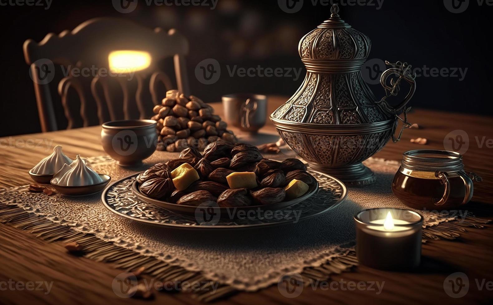 Iftar table in the month of Ramadan, a trip full of varieties of delicious Saudi Arabian food, the month of Ramadan, Ramadan Kareem, Ramadan lantern, the background of the mosque. photo