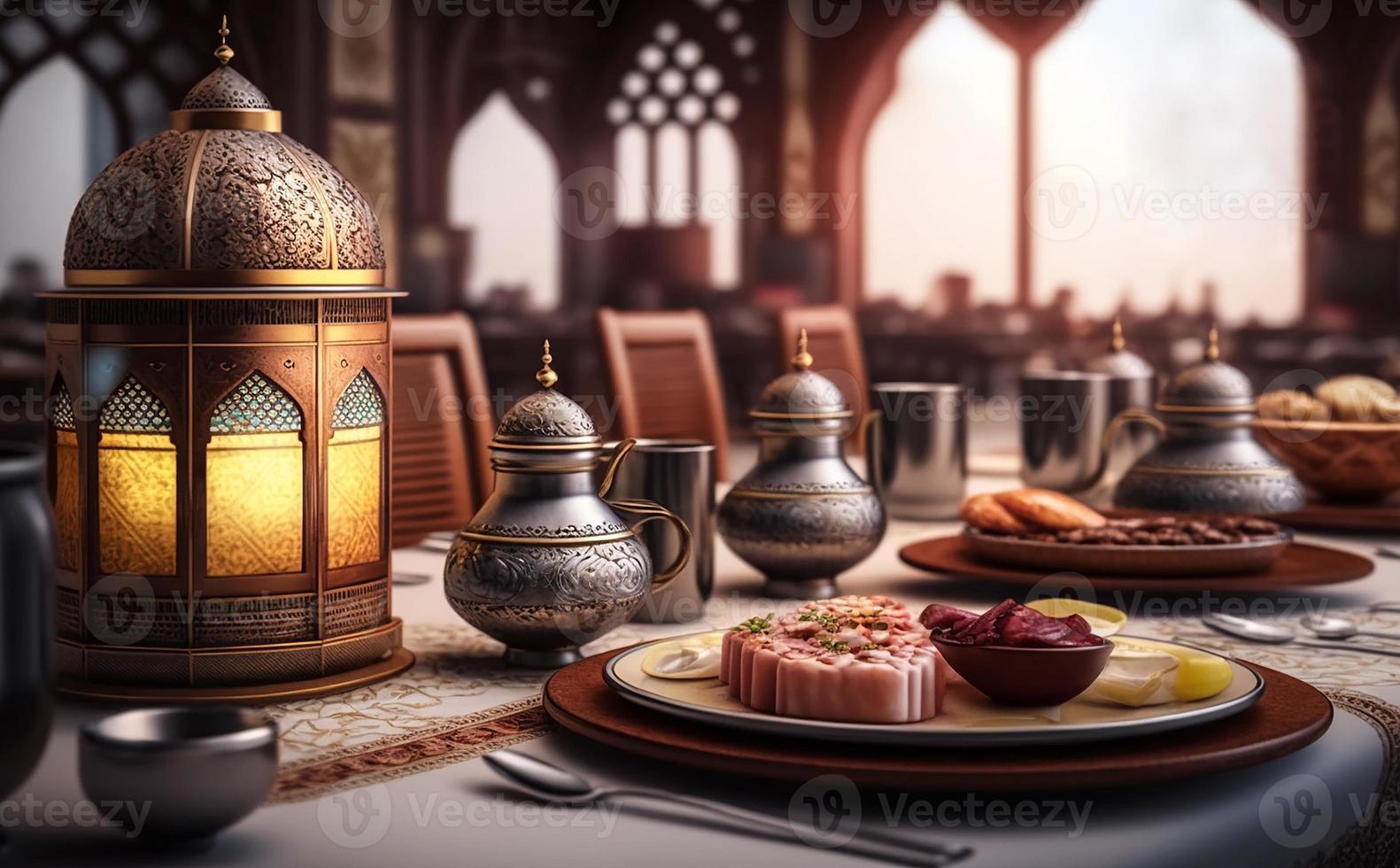 iftar mesa en el mes de ramadán, un viaje lleno de variedades de delicioso saudi árabe alimento, el mes de ramadán, Ramadán Kareem, Ramadán linterna, el antecedentes de el mezquita. foto