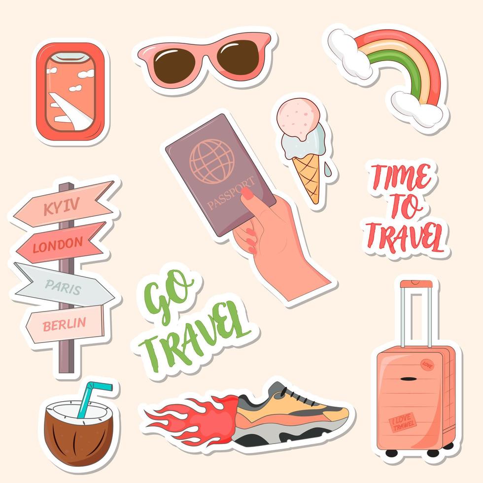 Vector colorful hand drawn travel theme stickers collection