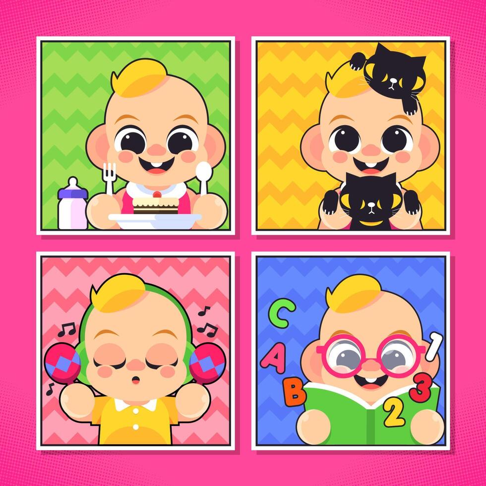 Cute Cartoon Babies And Various Activities Social Media Template vector