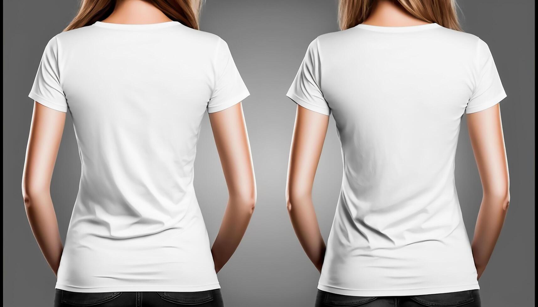 T - shirt mockup. White blank t - shirt front and back views. Female and male clothes wearing clear attractive apparel tshirt models template, photo