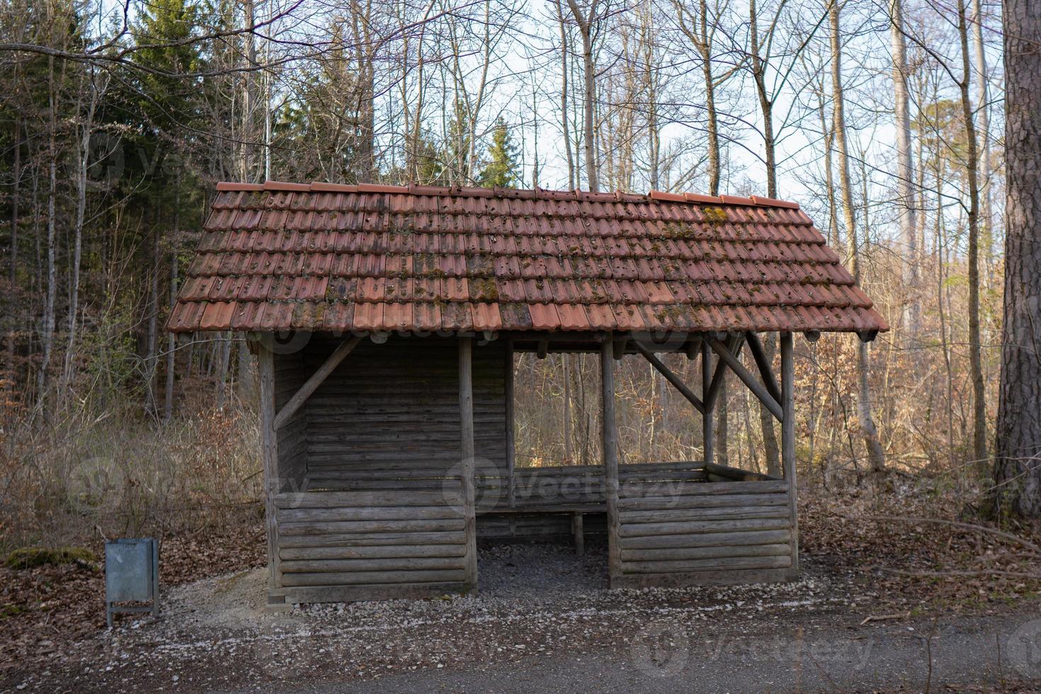 de madera cabina en el bosque frío otoño temporada foto