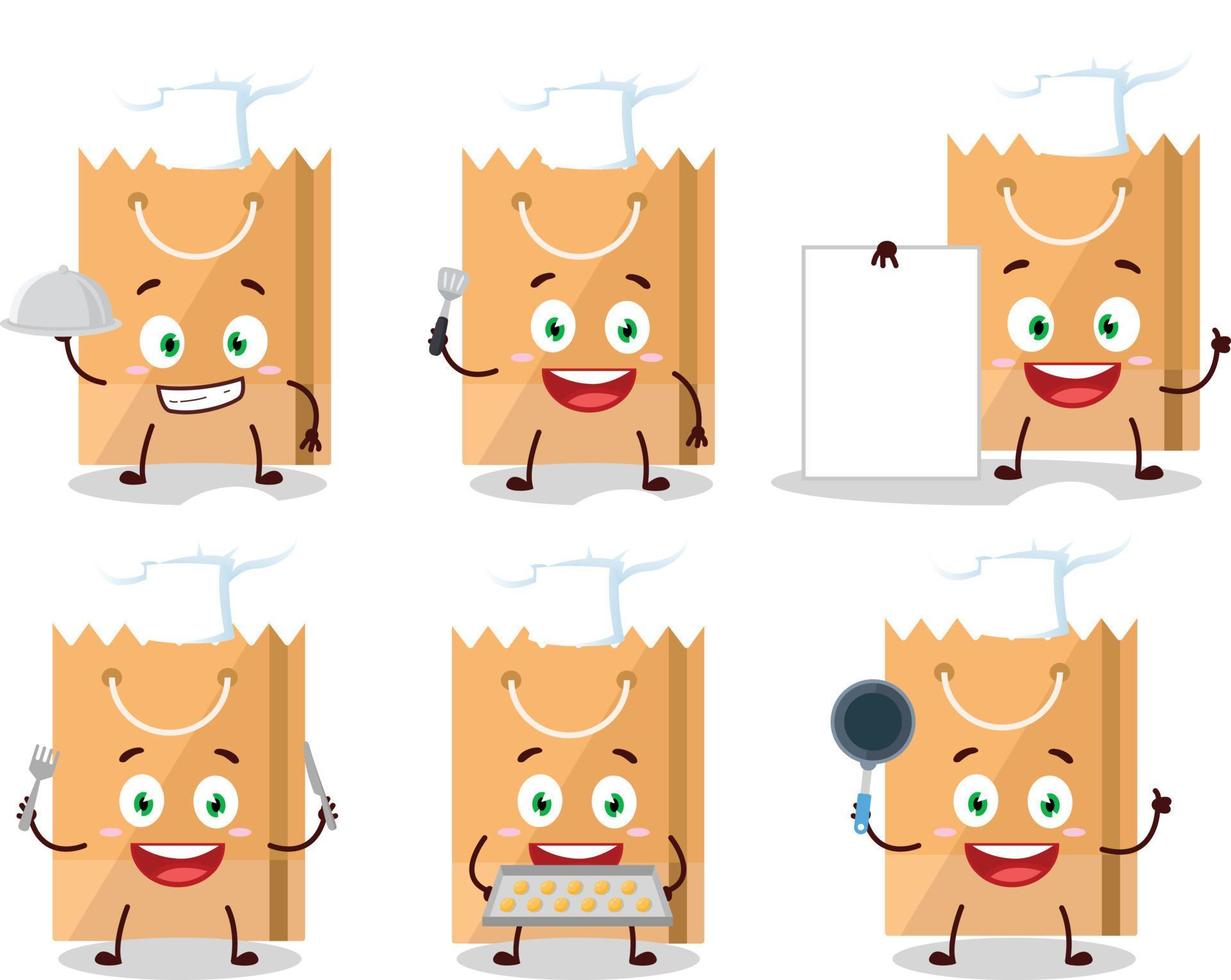 Cartoon character of grocery bag with various chef emoticons vector