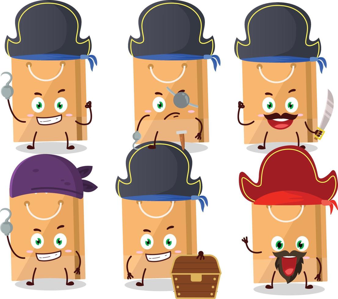 dibujos animados personaje de tienda de comestibles bolso con varios piratas emoticones vector