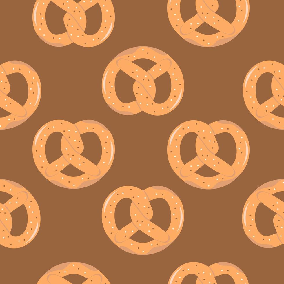 Pretzel, delicious pastries seamless pattern on brown background. Traditional German bread with salt vector