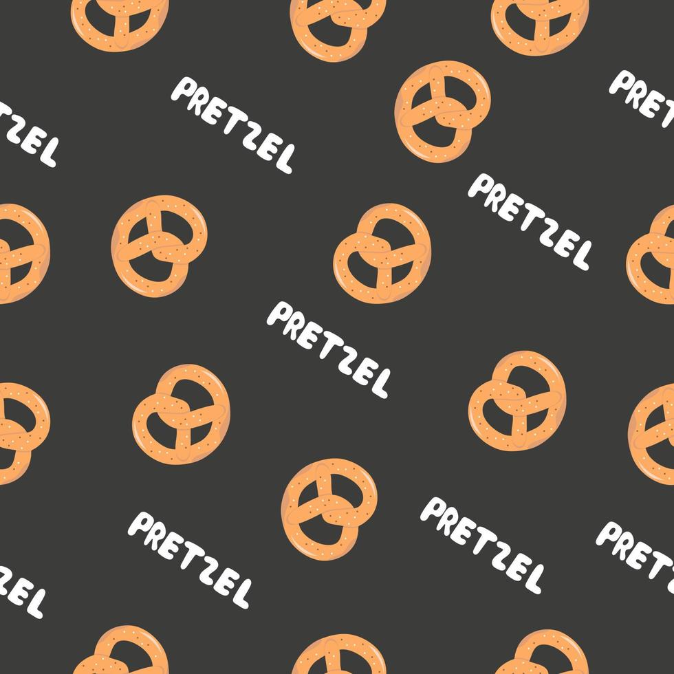 Pretzel, delicious pastries seamless pattern on black background. Traditional German bread with salt vector