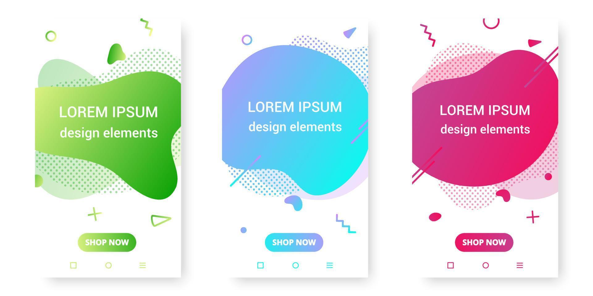 3 Modern liquid abstract element graphic gradient flat style design fluid vector colorful illustration set