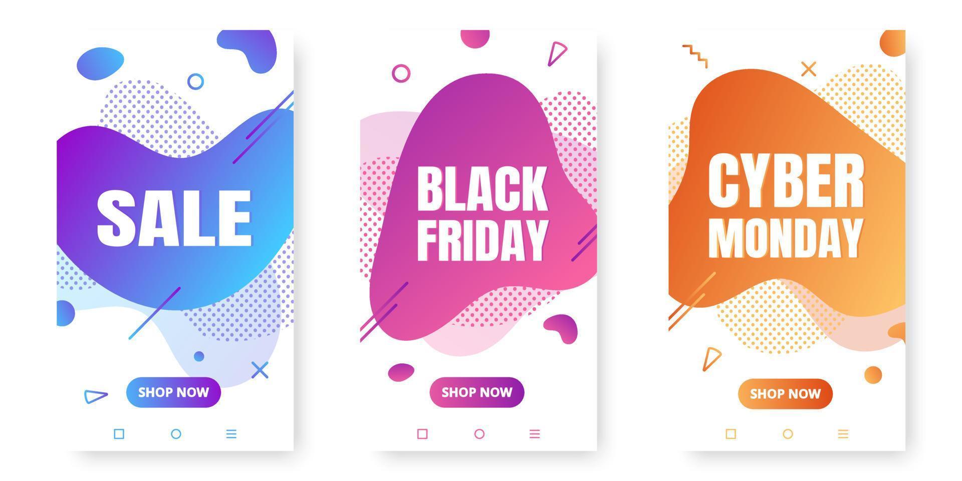 3 modern liquid abstract special offer price sign SALE, DISCOUNT, BLACK FRIDAY text gradient flat style design vector