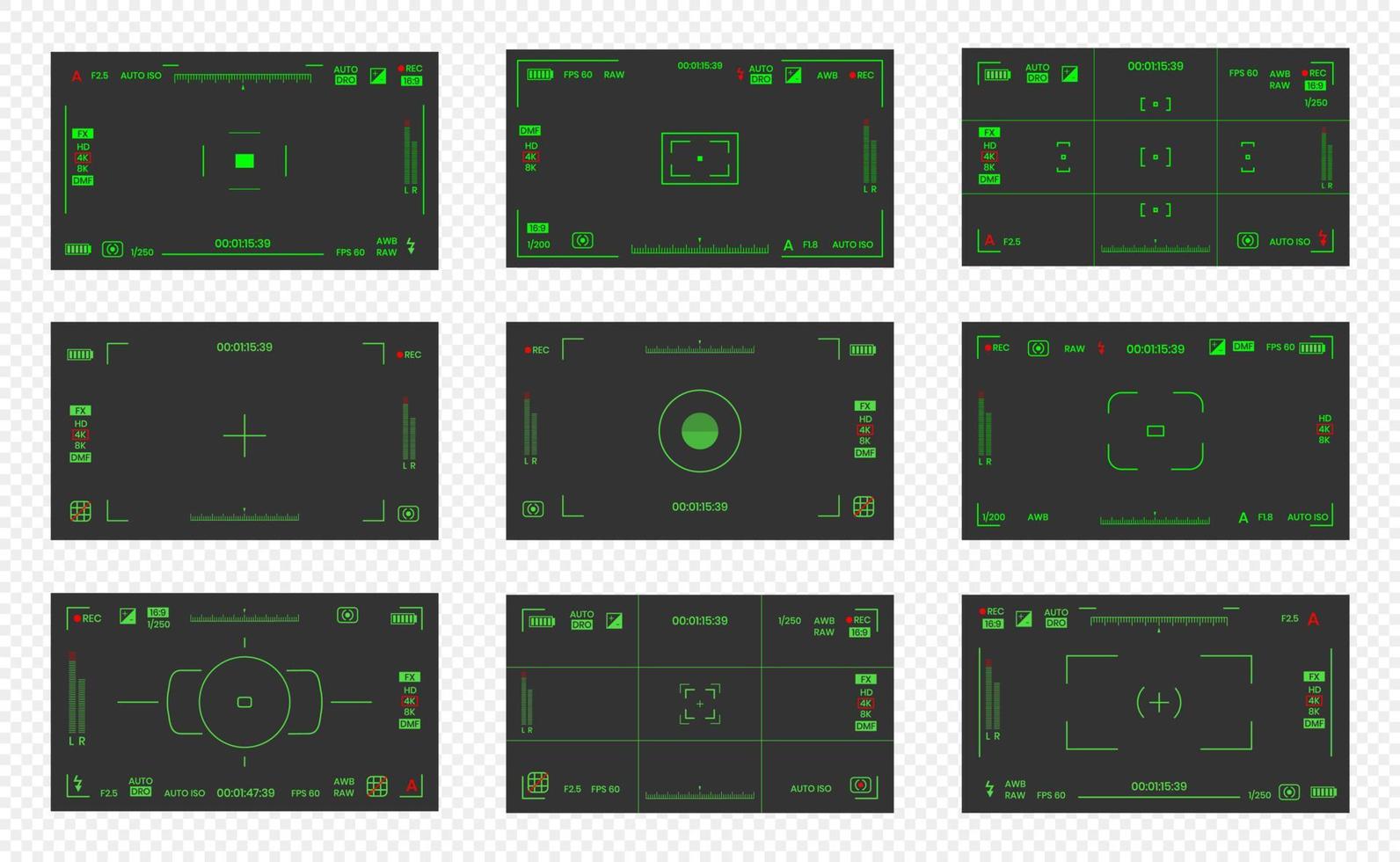 Camera viewfinder night vision video or photo frame recorder flat style design vector illustration set.