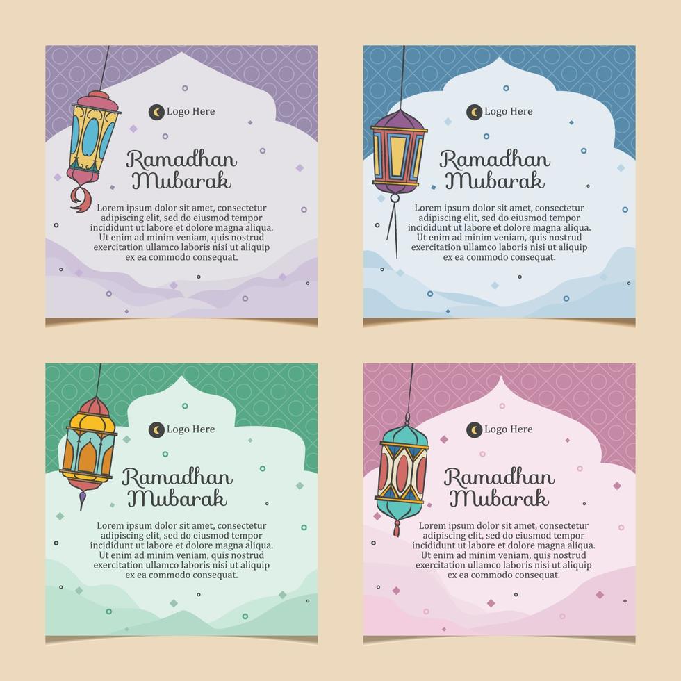 conjunto de cuadrado social medios de comunicación ramadhan tema con fanoos linterna ilustración en un suave color antecedentes vector