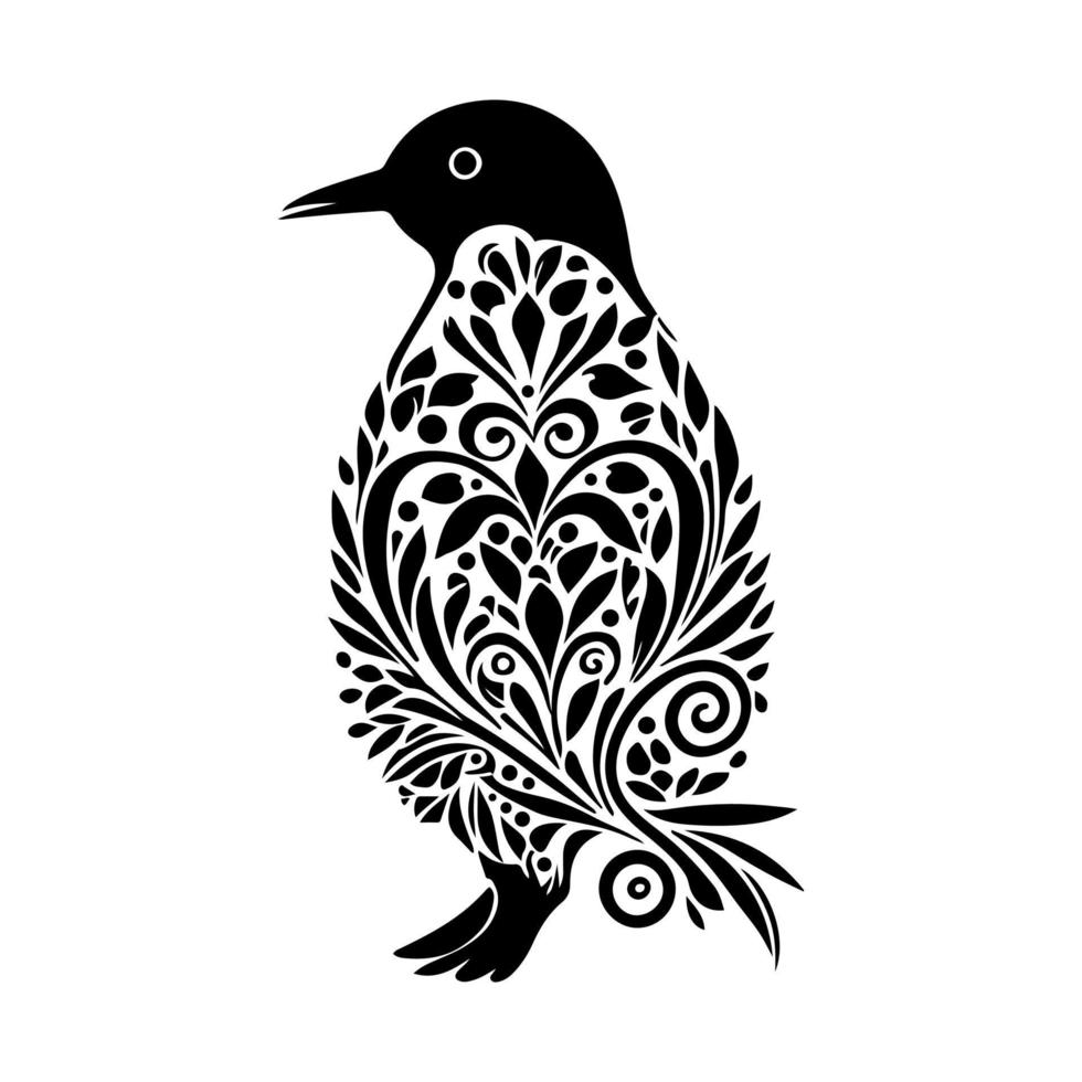 Cute penguin with floral silhouette. Design element for emblem, mascot, sign, poster, card, logo, banner, tattoo. vector