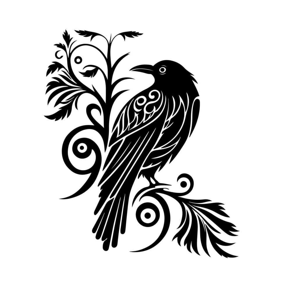 Crow on a tree branch with floral ornament. Vector illustration on white background, isolated.