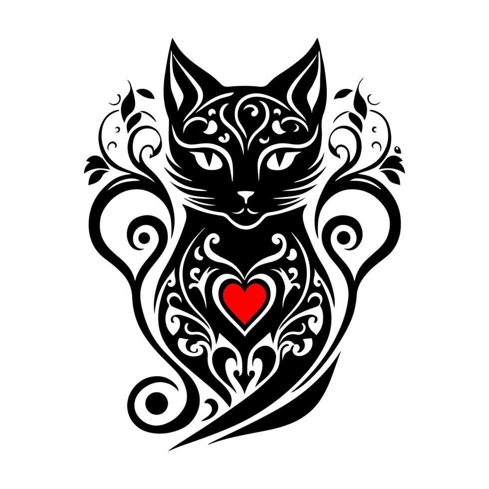 Cute ornamental cat with a heart shape. Vector illustration for tattoo, embroidery, logo, emblem, mascot, sublimation.