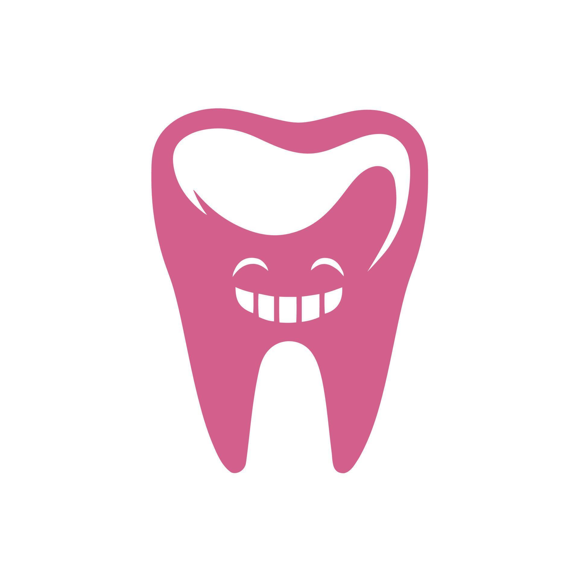 Cheerful pink tooth mascot on white background. Vector illustration for