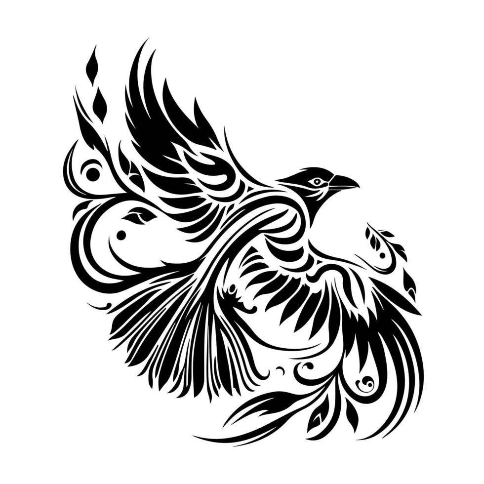A black raven flying with outspread wings. Ornamental vector illustration isolated on white background for tattoo, logo, emblem, mascot, embroidery, sign, crafting.