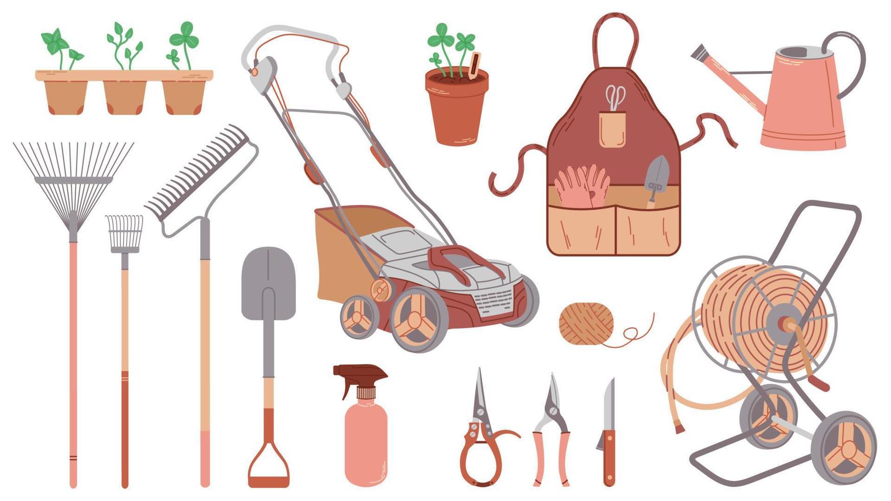 Set illustrations of useful gardening and yard care tools. Lawn mower, garden hose reel, shovel and rake, and other tools isolated on white background. vector