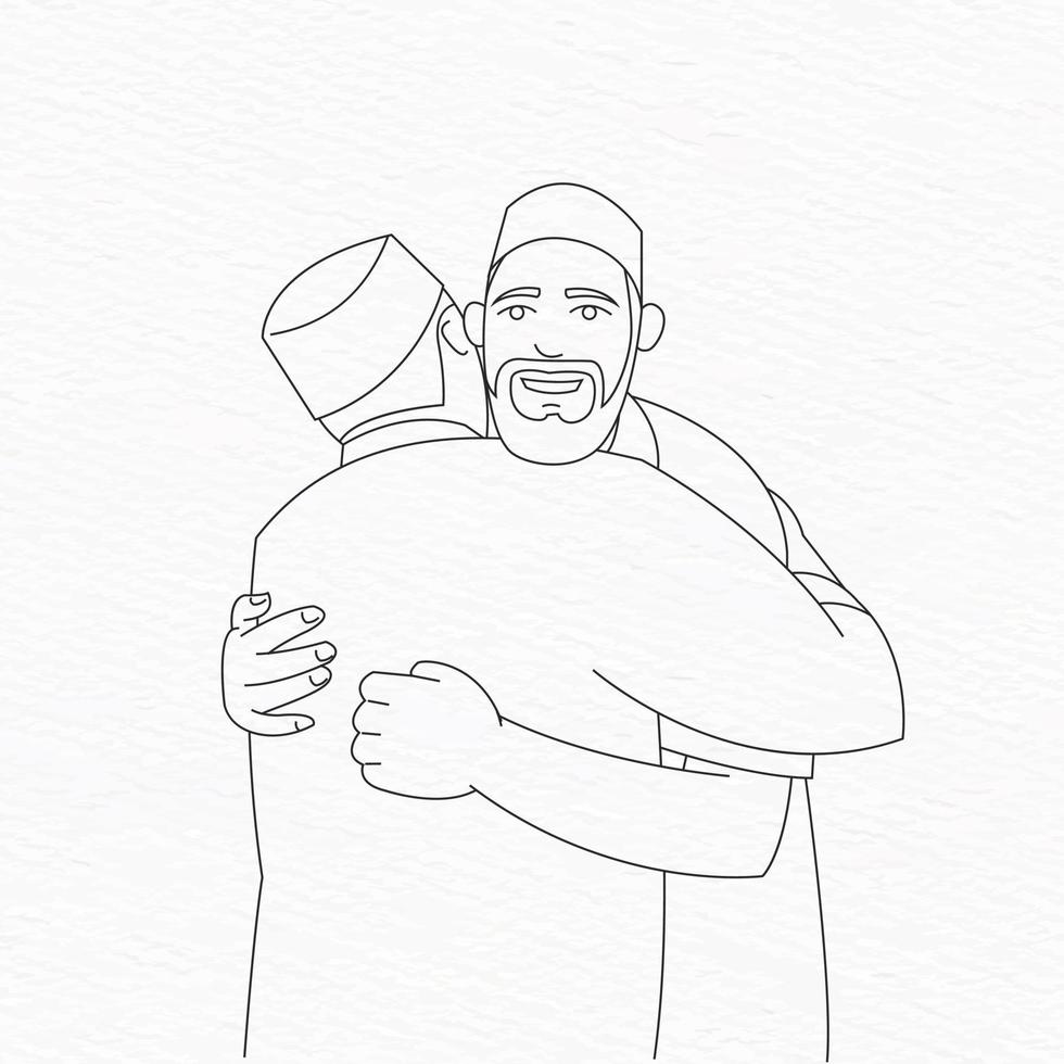 A drawing of a Muslim man hugging another man. vector