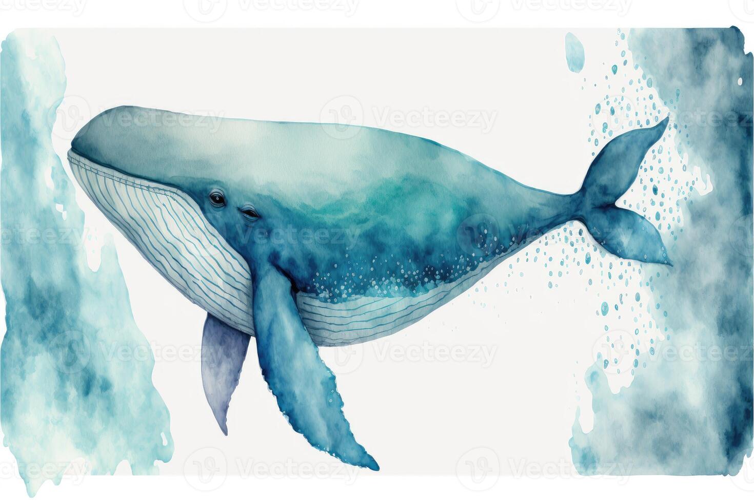 Cute whale in the ocean. Watercolor painting of cute aquatic animals. photo