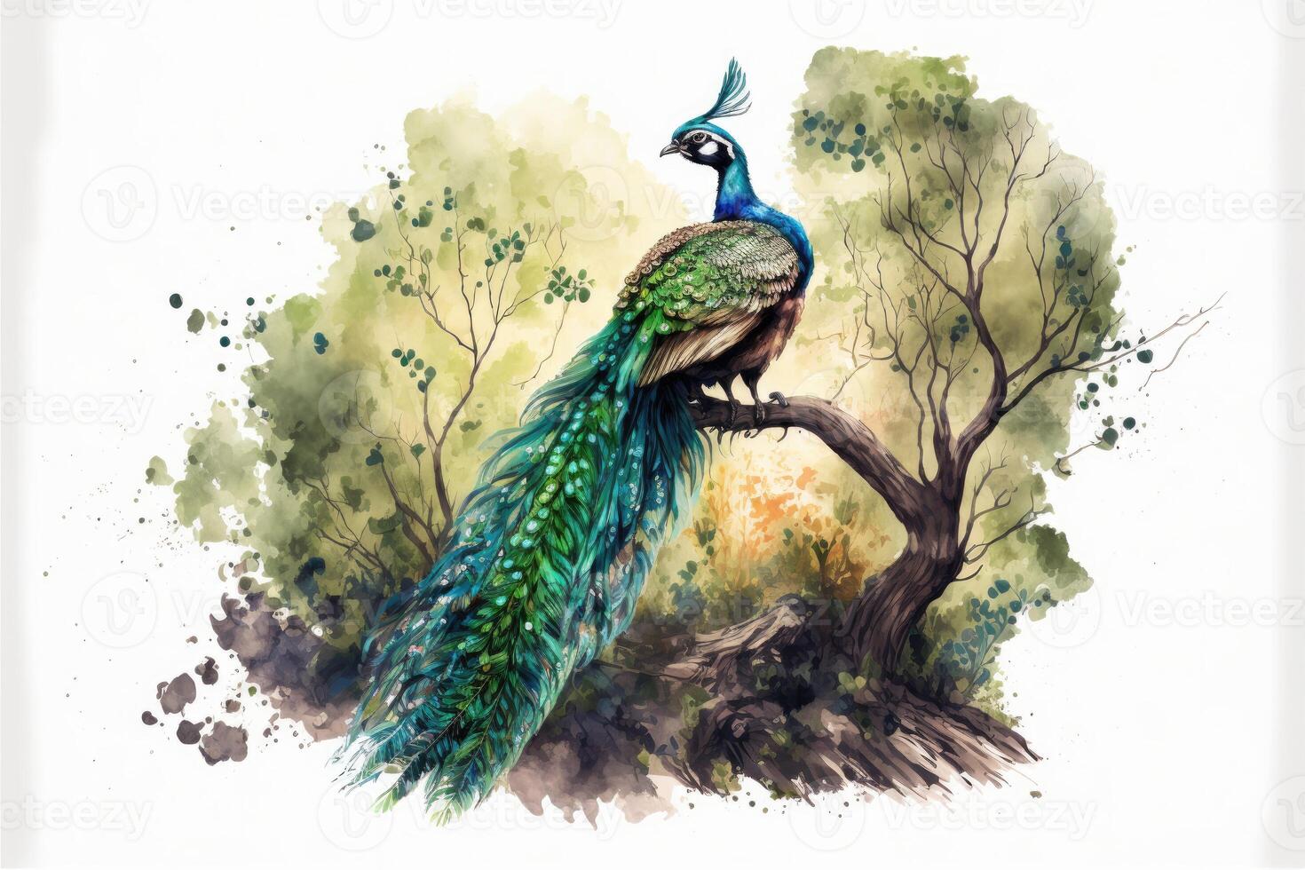 Cute peacock spreading wings in the forest. Watercolor painting of cute bird animals. photo