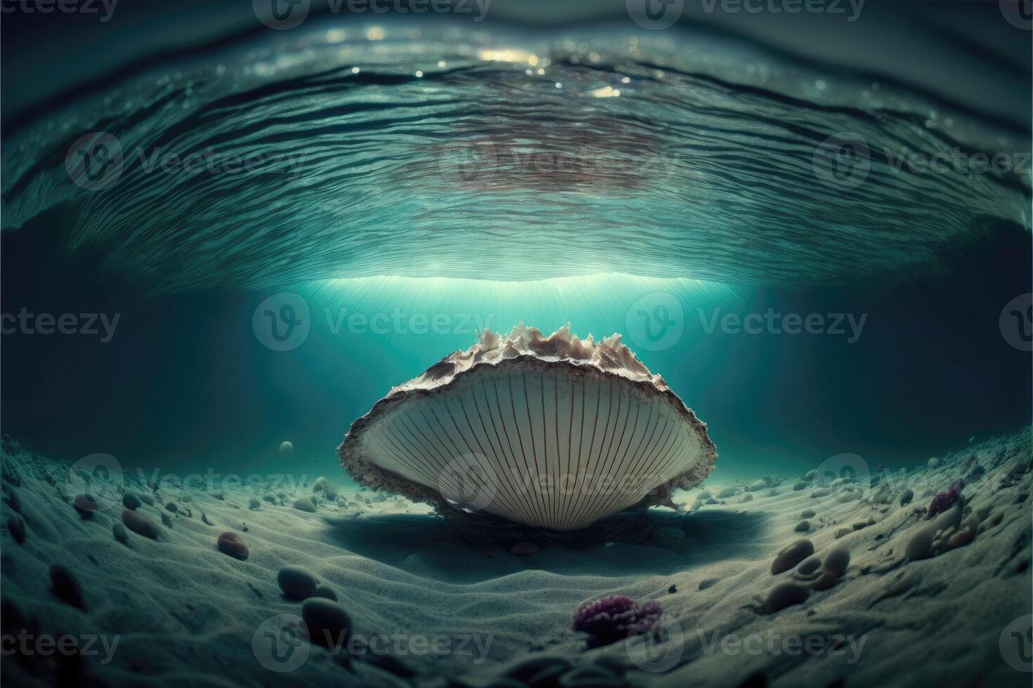 Clam sitting on the ocean floor underwater world. photo