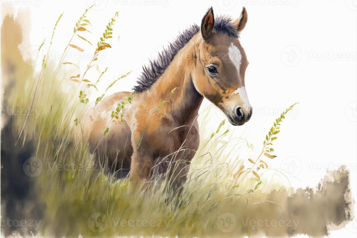 Cute foal is playing on grass. Watercolor painting of cute horse farm animals. photo