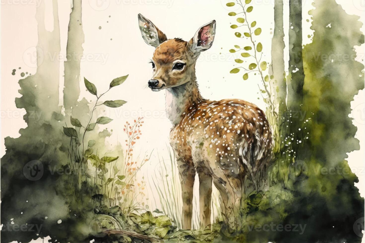 AI Generated Cute fawn in forest. Watercolor painting of cute deer wild animals. photo