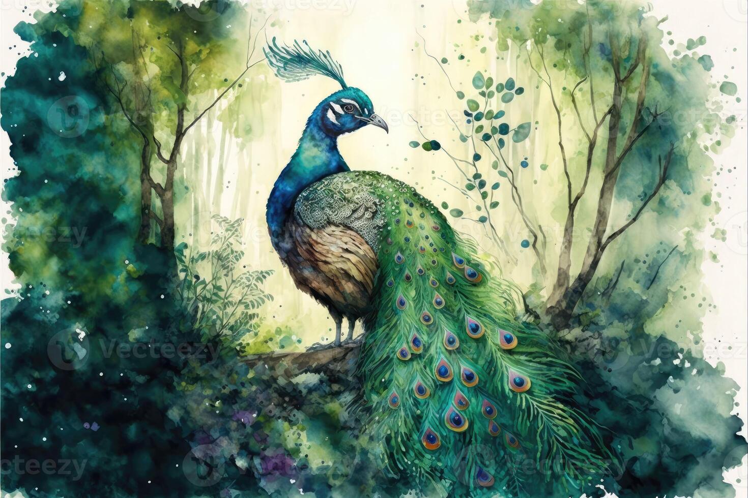 Cute peacock spreading wings in the forest. Watercolor painting of cute bird animals. photo