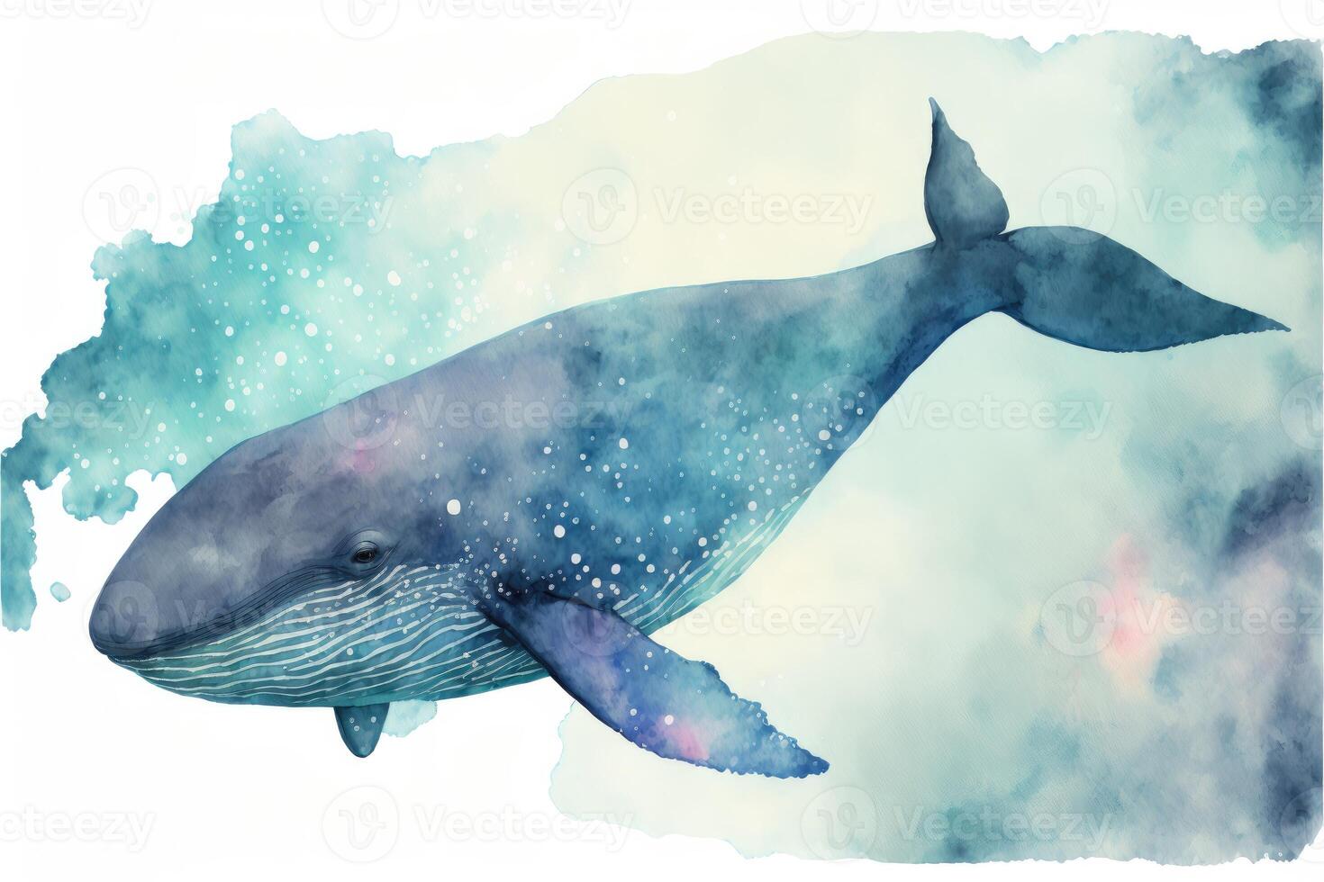 Cute whale in the ocean. Watercolor painting of cute aquatic animals. photo