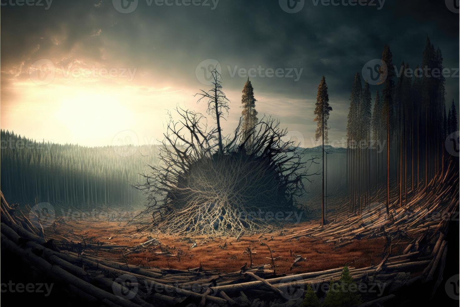 Dying forest abstract background. Campaign to reduce deforestation and its Impact. photo