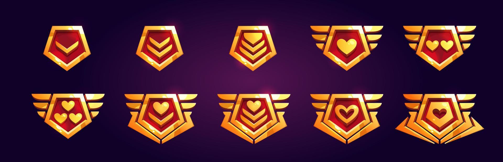 Set of game rank badges with hearts vector