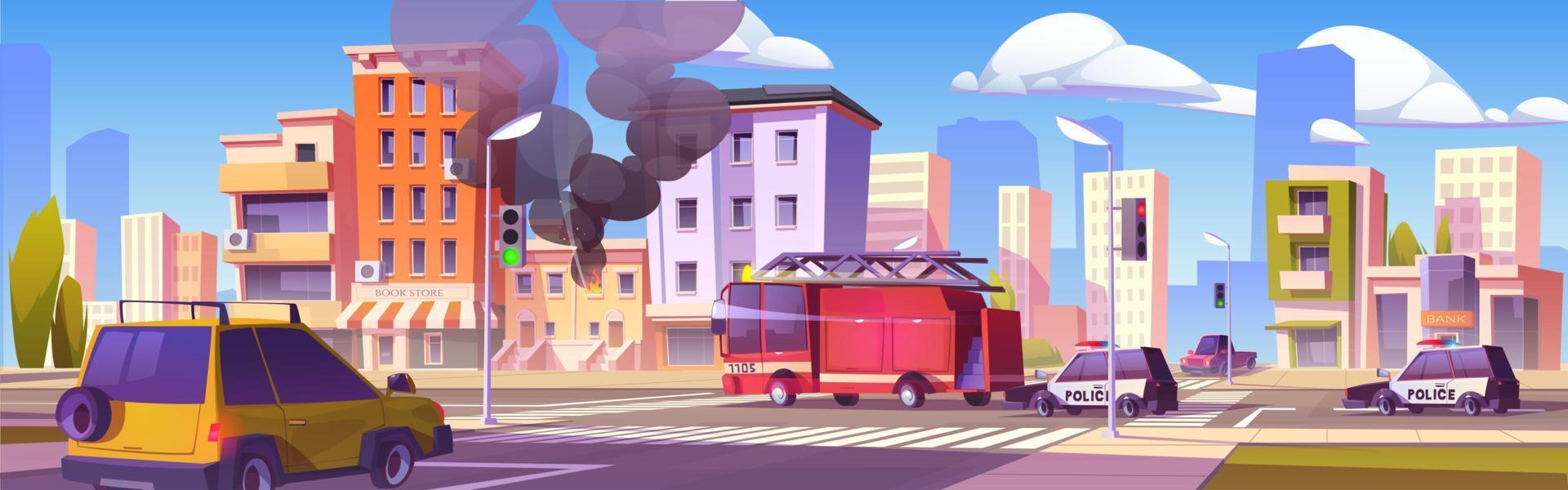 Burning city building and firefighter truck vector