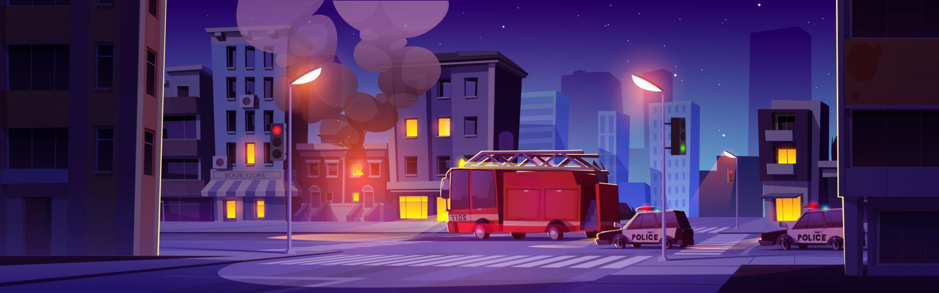 Fire in house and firefighter truck at night vector