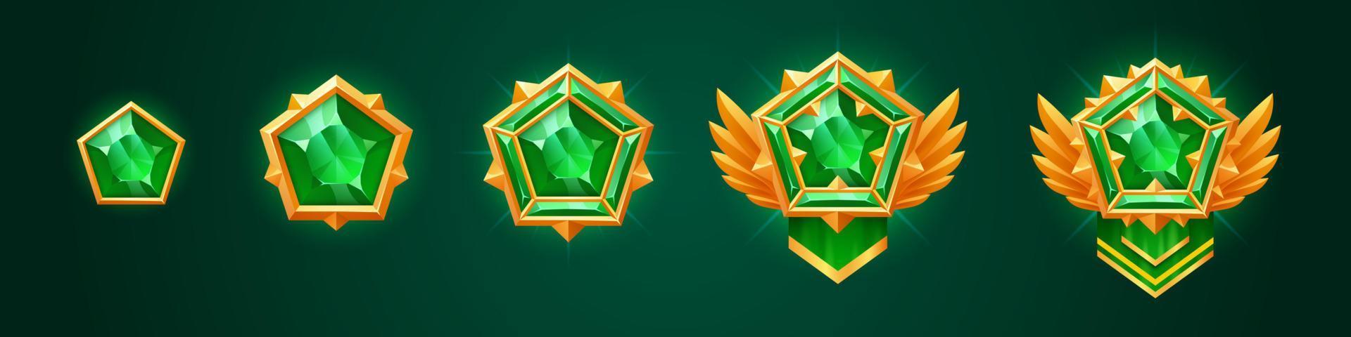 Cartoon set of emerald game rank badges vector