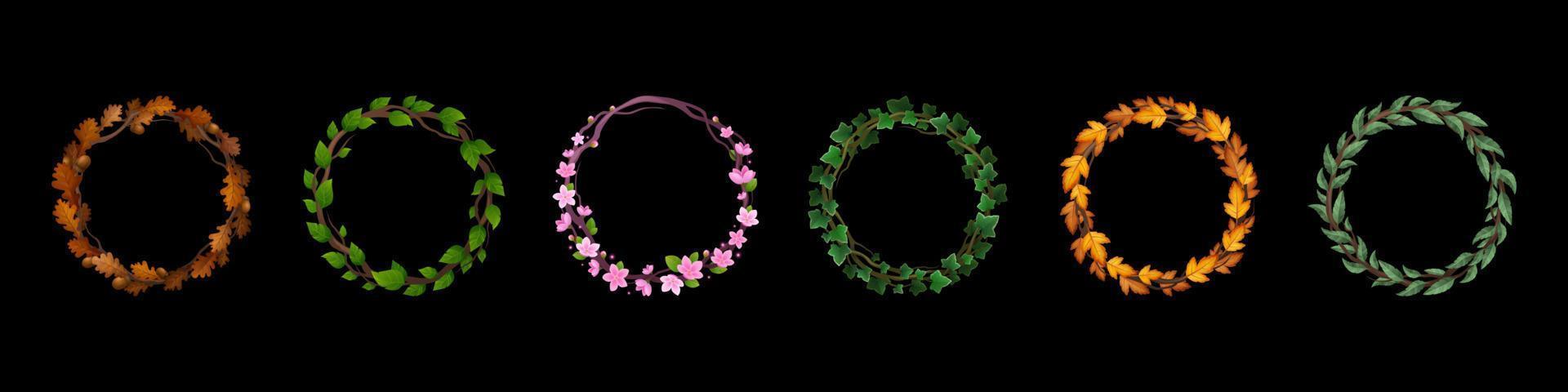 Set of round avatar frames with flowers, foliage vector