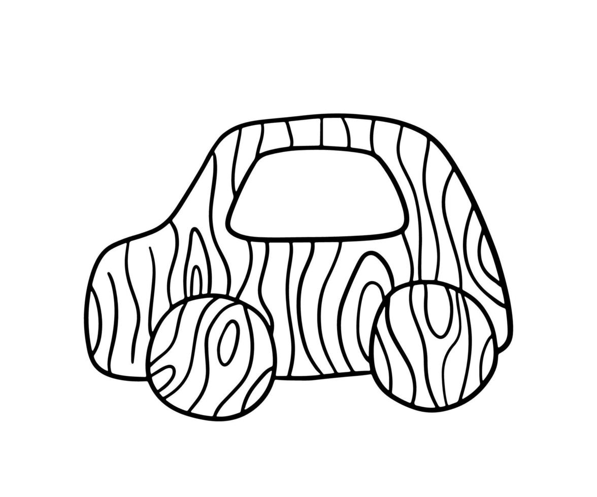 Wooden car toy. Outline hand drawn illustration isolated on white for coloring book vector