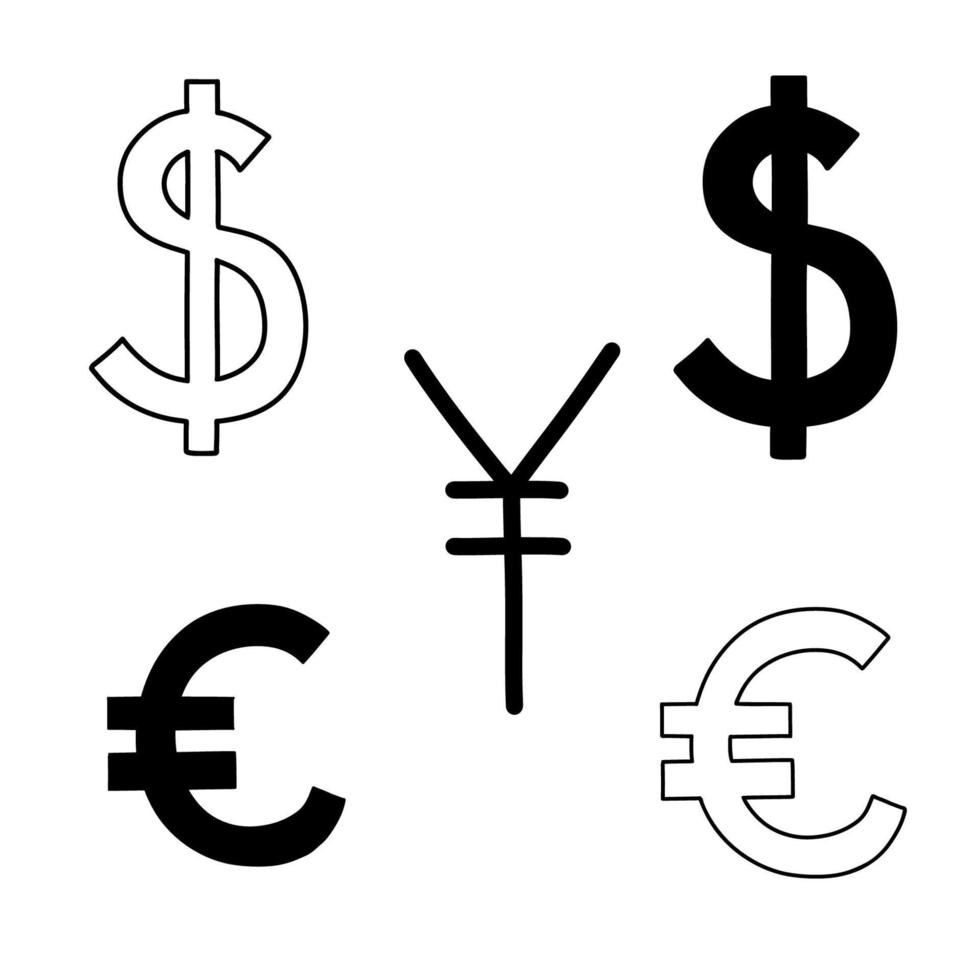 dinero icono garabatear colocar. euro, dólar, yen vector firmar