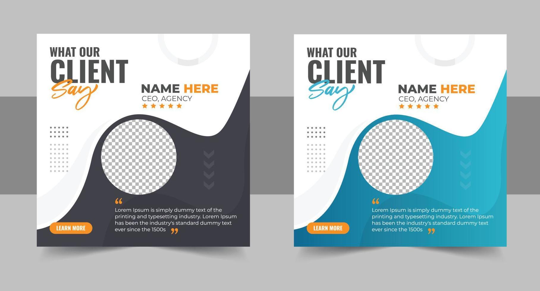 Customer feedback testimonial social media post web banner layout. client testimonials social media post or web banner design template vector