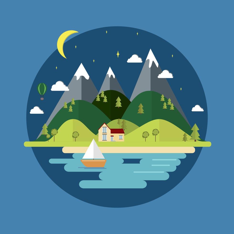 Summer landscape. The isolated nature landscape with mountains, hills, river and trees.  Flat style vector illustration. Ecological concepts. Environmentally friendly world. Background.