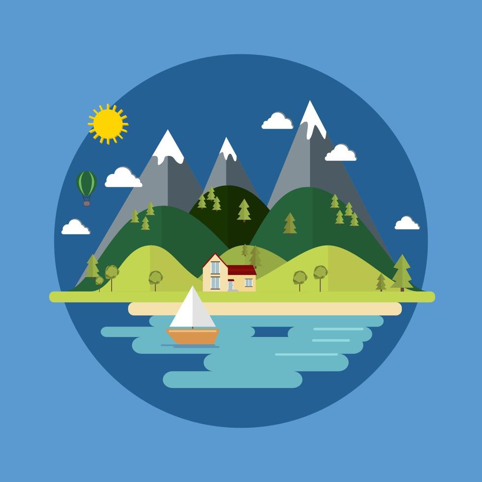 verano paisaje. el aislado naturaleza paisaje con montañas, sierras, río y arboles plano estilo vector ilustración. ecológico conceptos. ambientalmente simpático mundo. antecedentes.