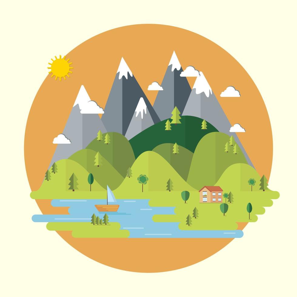 verano paisaje. el aislado naturaleza paisaje con montañas, sierras, río y arboles plano estilo vector ilustración. ecológico conceptos. ambientalmente simpático mundo. antecedentes.