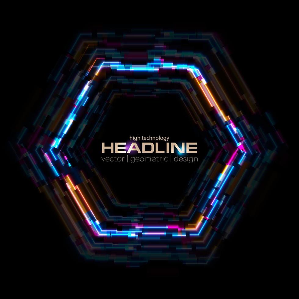 Abstract tech glowing neon hexagon vector background with glitch effect